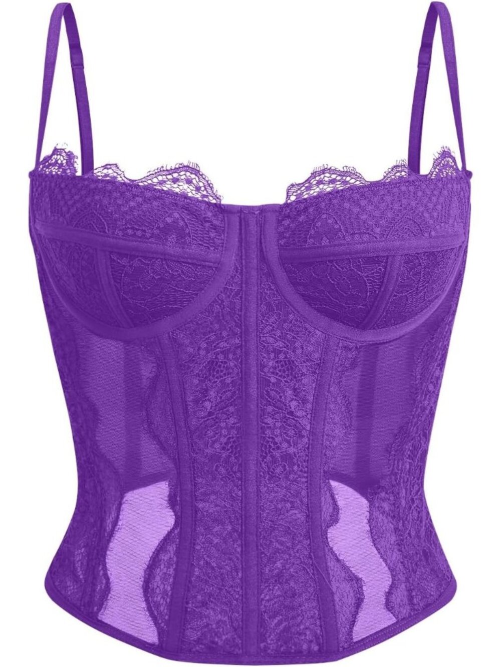 Women's Purple Boned Lace Mesh Underwire Bustier Spaghetti Strap Corset Tank Top